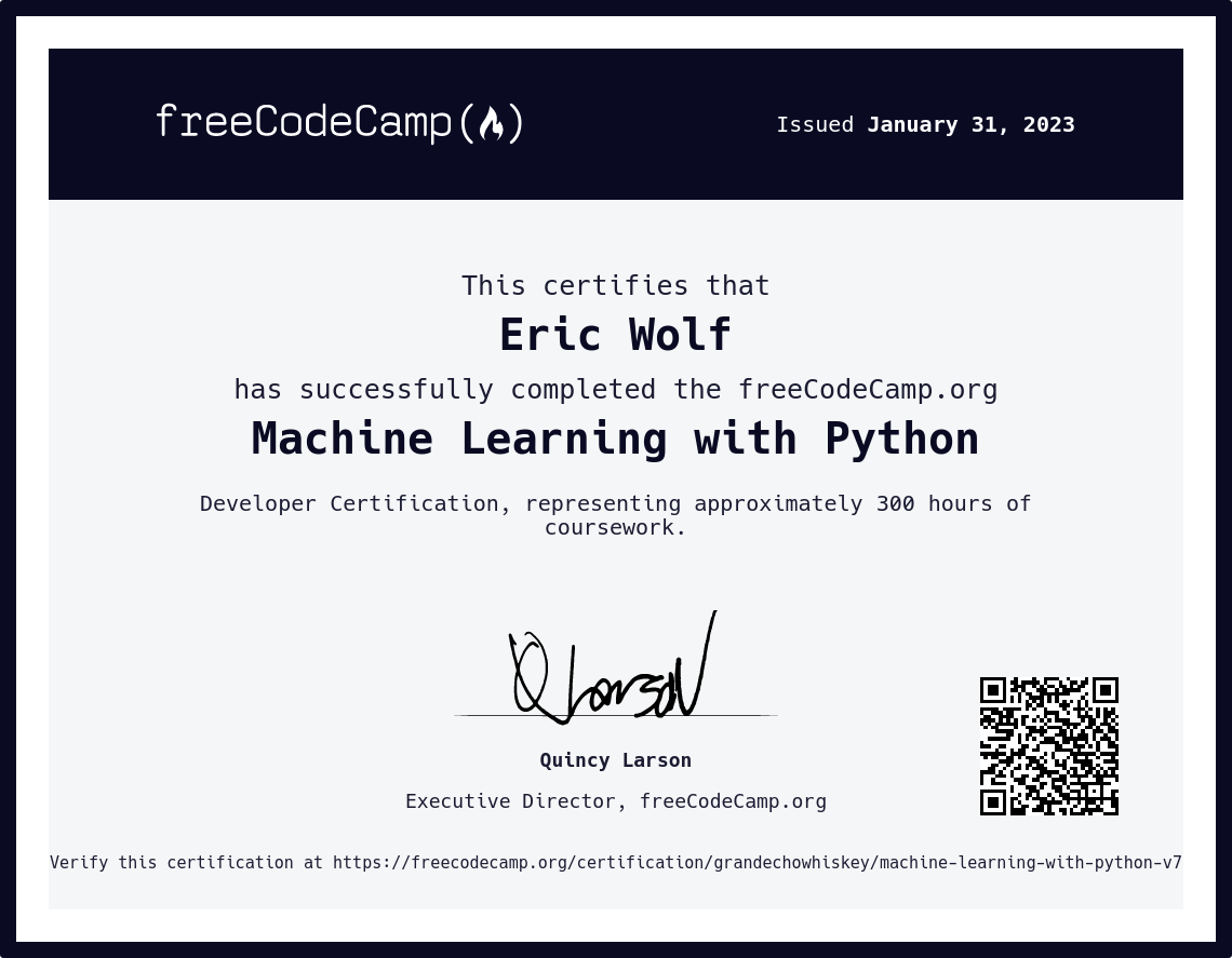 Certificate freeCodeCamp Machine Learning with Python