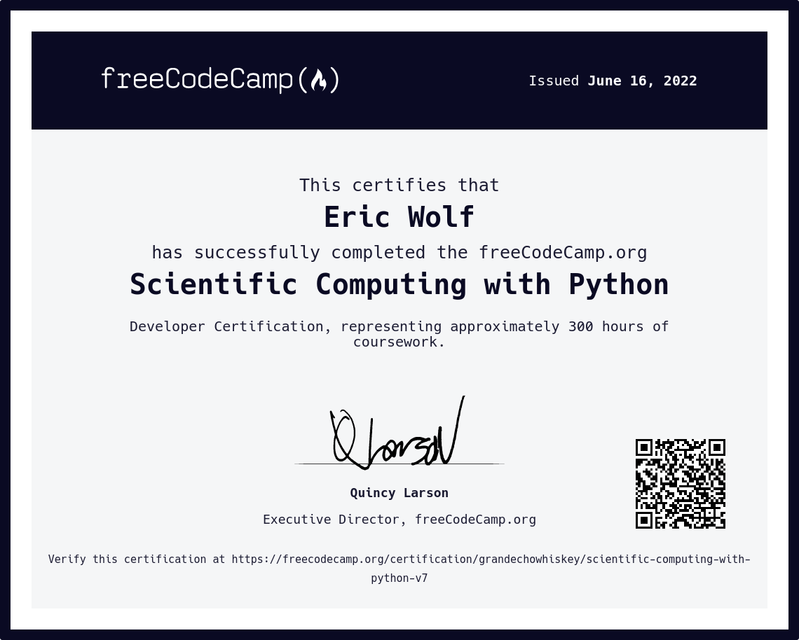 Certificate freeCodeCamp Scientific Computing with Python